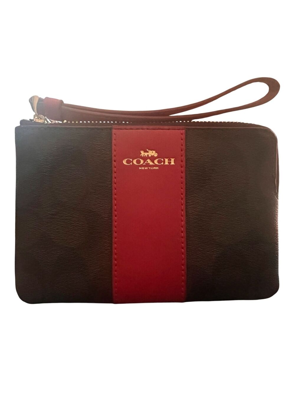 WR28. Coach Wristlet in Signature Canvas with a Walnut/Red